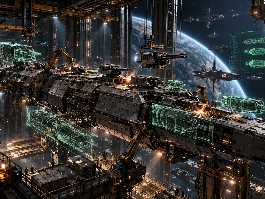 Épülő csatahajó egy orbitális hajógyárban / A warship under construction in an orbital shipyard