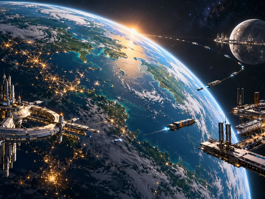 Orbitális állomások és teherhajók egy lakott bolygó körül / Orbital stations and cargo ships around a living planet